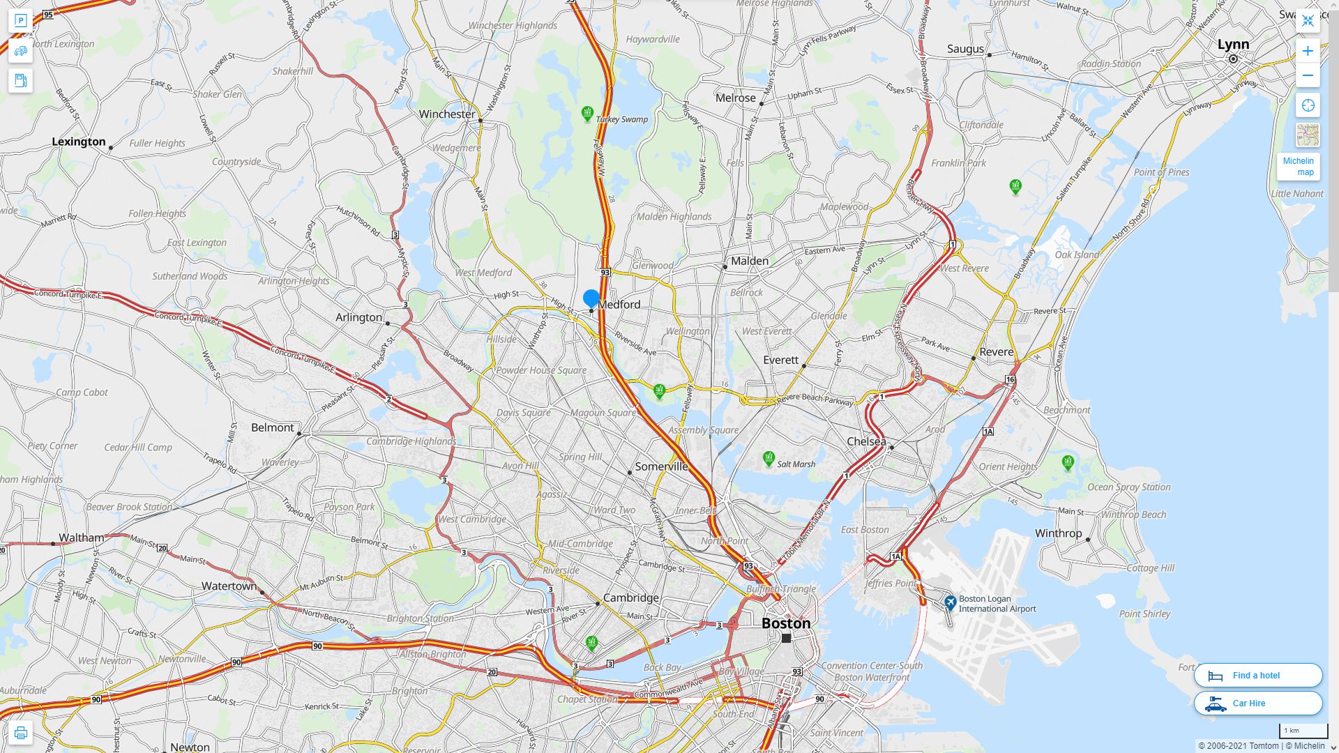 Medford Massachusetts Highway and Road Map